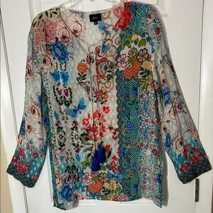 Shana silk bohemian paisley floral pullover top tassels long sleeve tunic XL